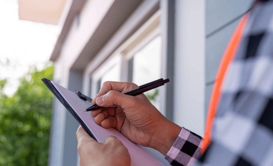 A person is holding a clipboard and pen, appearing to take notes or fill out a form. They are wearing a checkered shirt, and a hint of an orange safety vest is visible. The background shows a building exterior with a window and some greenery, illustrating the detailed work involved in Rental Property Management East Hampton.