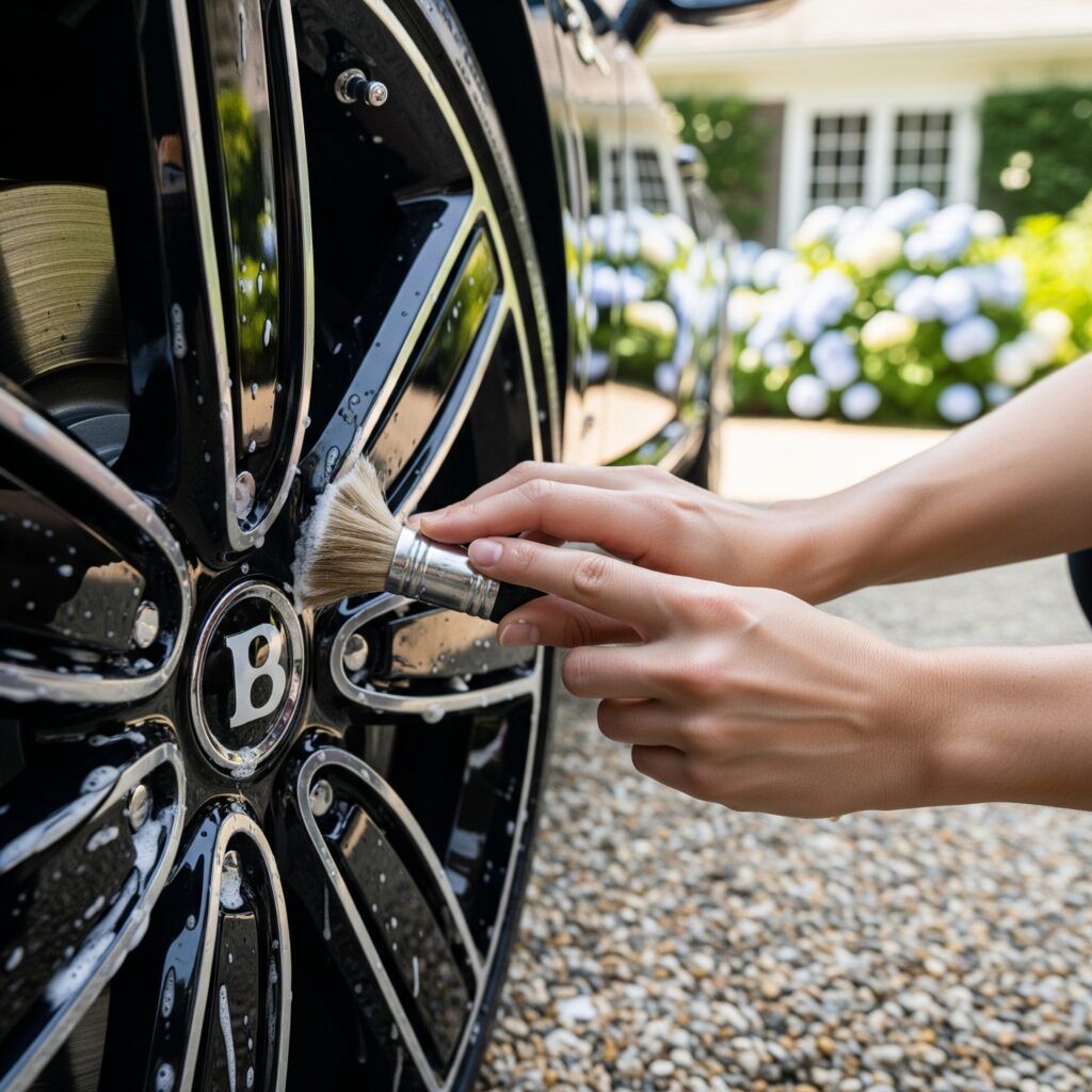A person uses a small brush to clean the spokes of a shiny black car wheel with a "B" logo, outdoors on a gravel driveway with flowers and a house visible in the background.