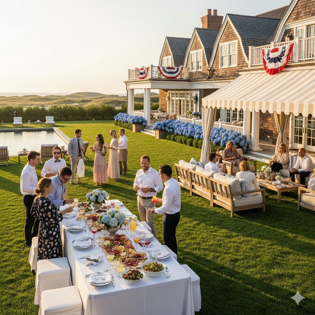 A group of people enjoy an outdoor gathering at a large, elegant house with festive red, white, and blue bunting. A long table is set with food on a lawn near a pool, with guests socializing in the afternoon sunlight.