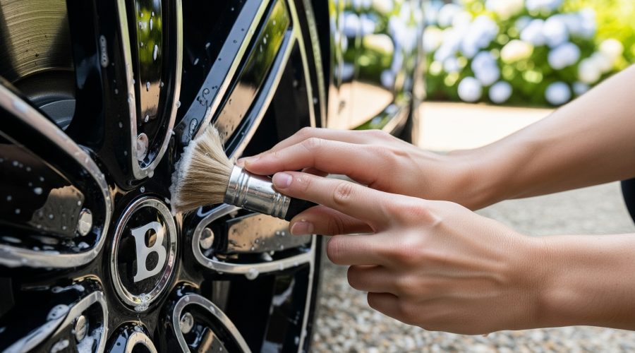 A person uses a small brush to clean the spokes of a shiny black car wheel with a "B" logo, outdoors on a gravel driveway with flowers and a house visible in the background.