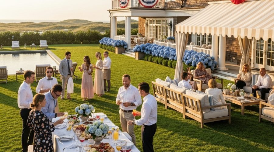A group of people enjoy an outdoor gathering at a large, elegant house with festive red, white, and blue bunting. A long table is set with food on a lawn near a pool, with guests socializing in the afternoon sunlight.