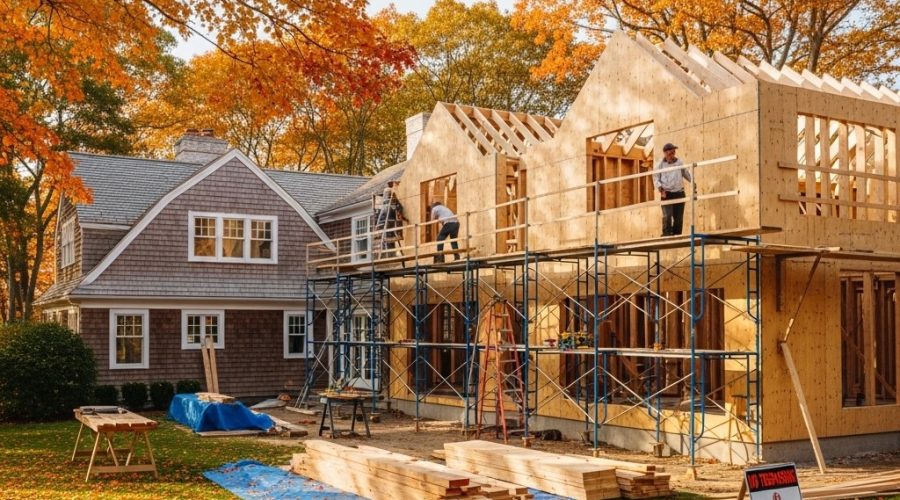 Construction workers build an addition to a house amid autumn trees. Wooden beams and scaffolding surround the new section, while the original house stands nearby. Lumber and tarps are on the grass, with a caution sign in front.