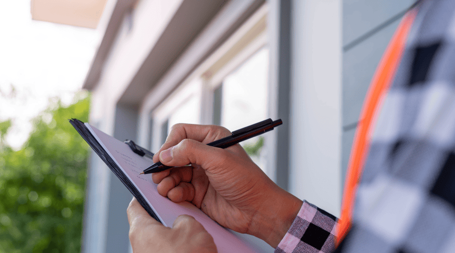 A person is holding a clipboard and pen, appearing to take notes or fill out a form. They are wearing a checkered shirt, and a hint of an orange safety vest is visible. The background shows a building exterior with a window and some greenery, illustrating the detailed work involved in Rental Property Management East Hampton.